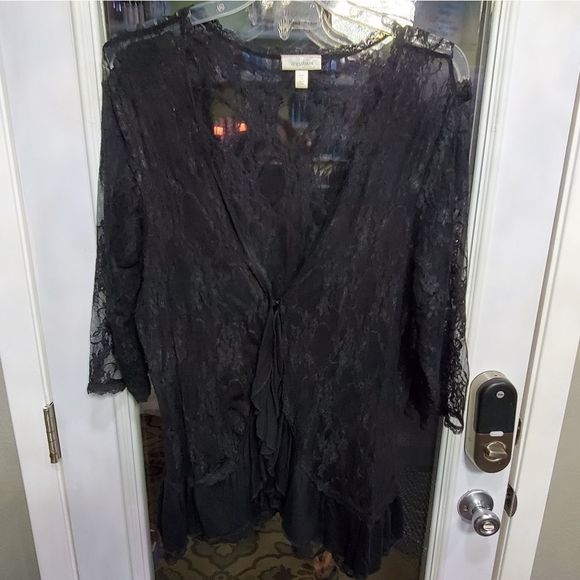 DressBarn Black crocheted lace ruffle kimono jacket plus Size 2X Coverup - Picture 1 of 9